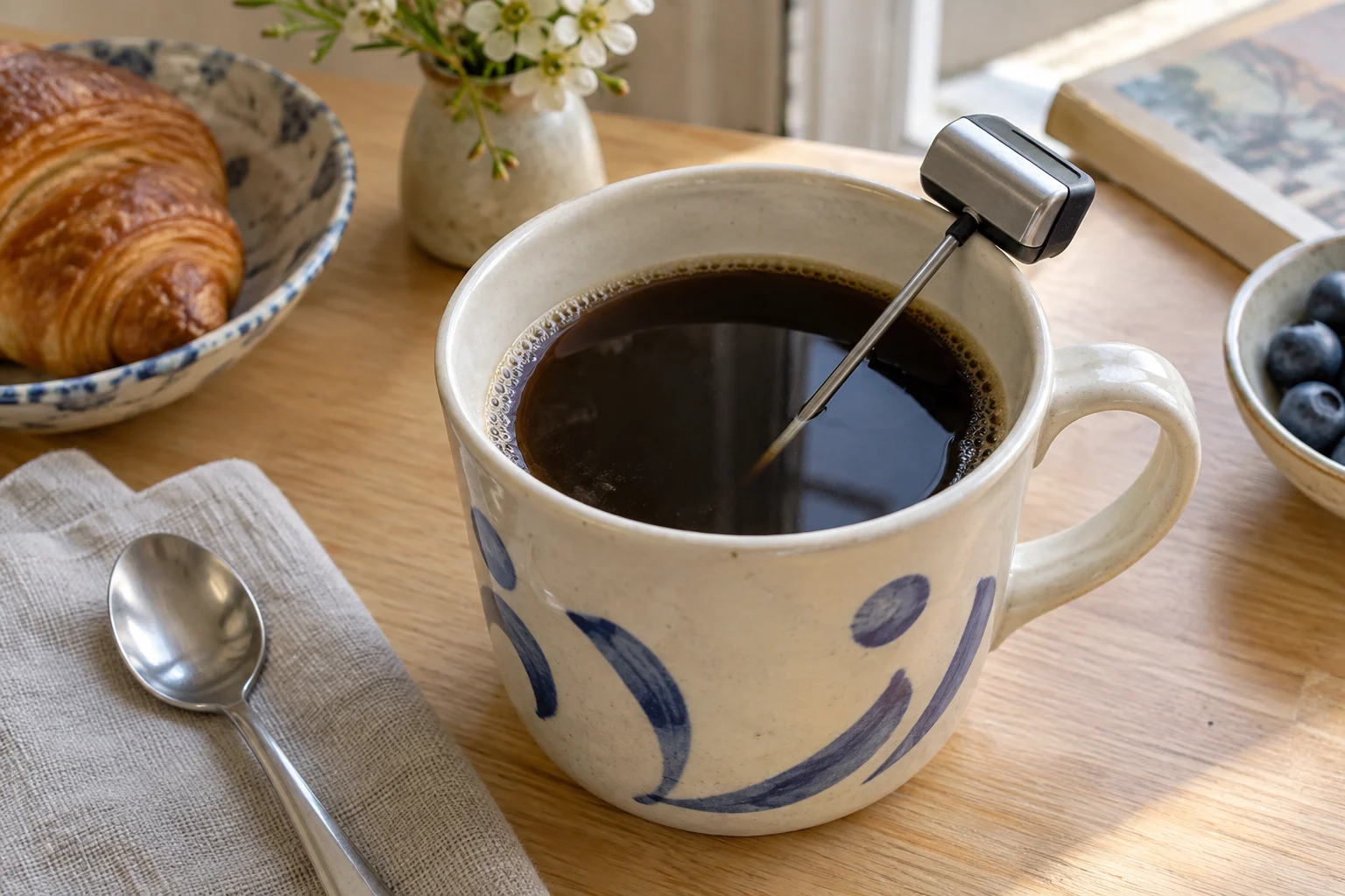 Sonde de thermomètre plongée dans un café noir servi dans un mug en céramique à motifs bleus