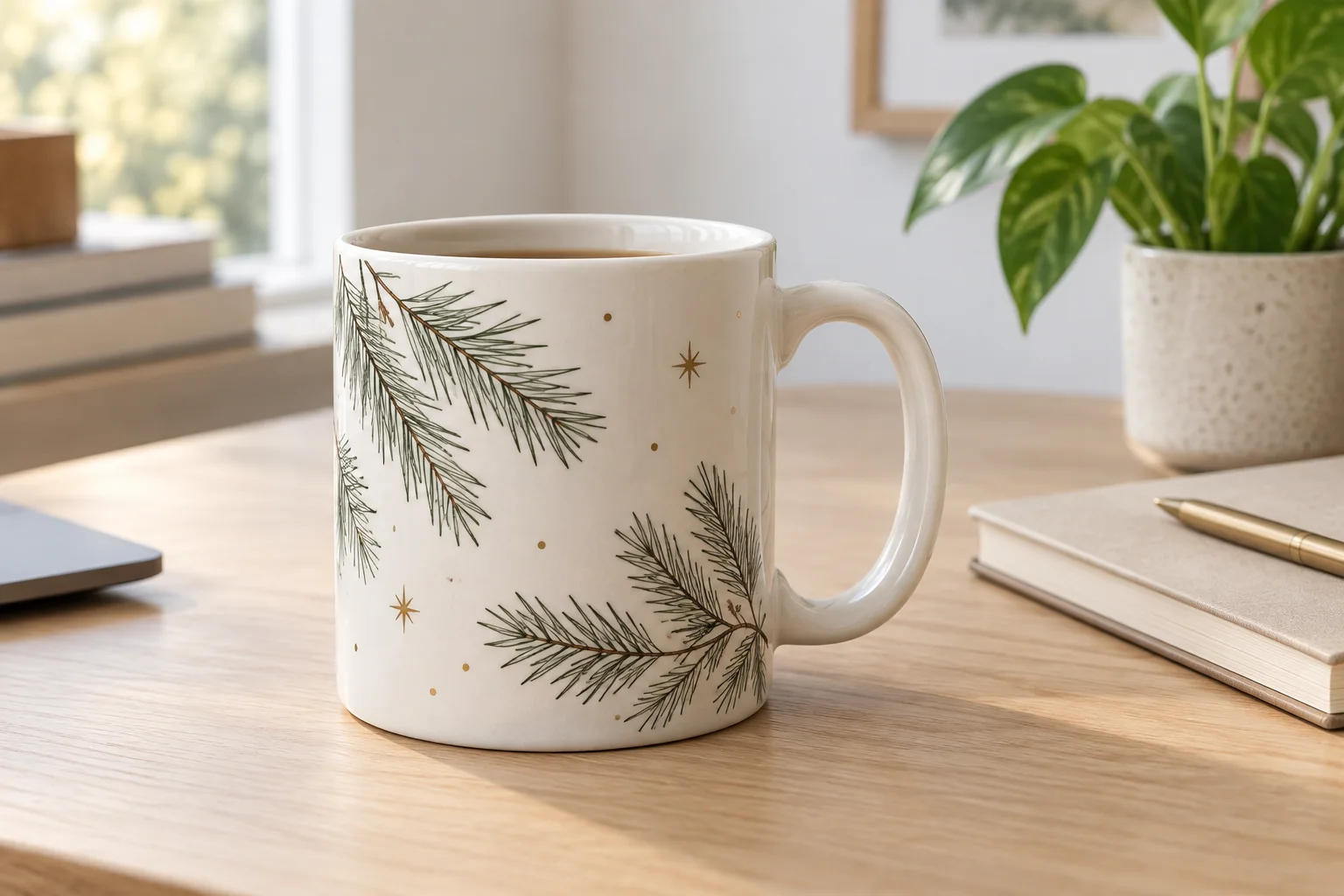 Mug ivoire à motif de branches vertes et étoiles dorées sur un bureau clair