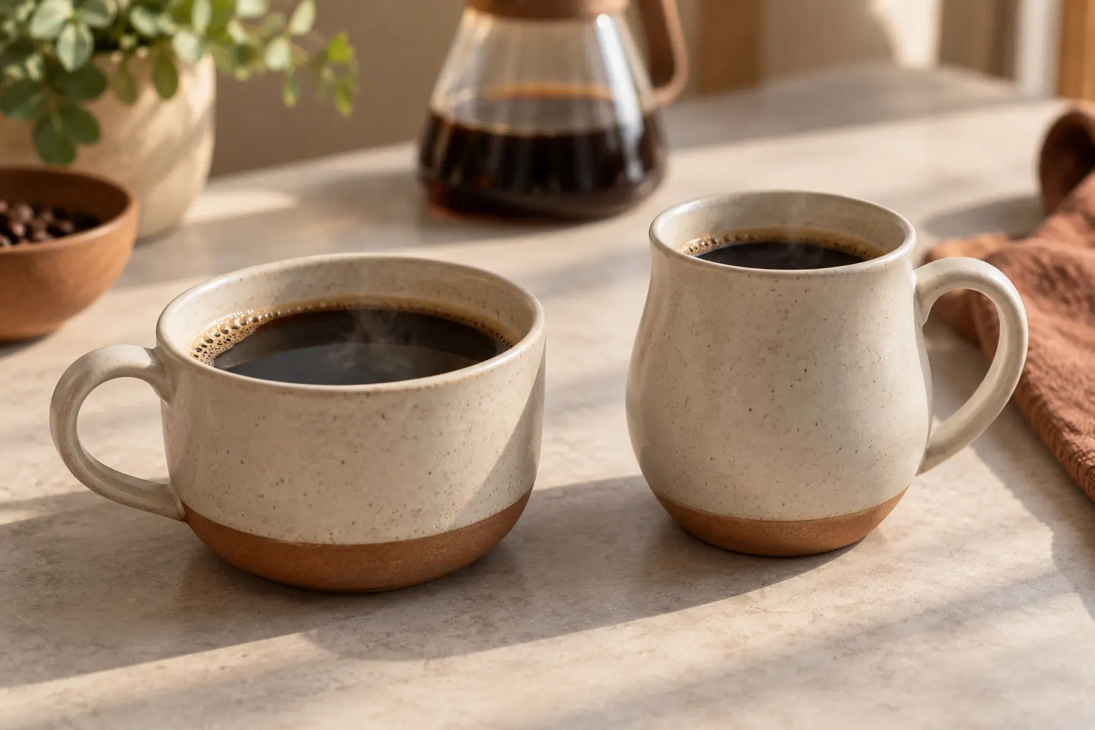 Deux mugs de formes large et tulipe contenant le même café